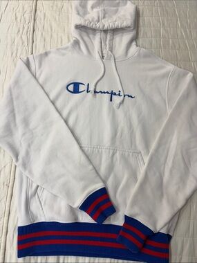 Champion White Hoodie with Blue Script and Blue-Red Striped Ribbing